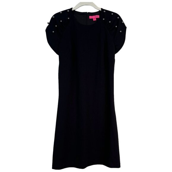 Betsey Johnson Black Sheath Dress Size 4 Faux Tahitian Pearl Fully Lined Crepe - Picture 1 of 10